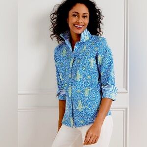 Talbots Plus Petite Non Iron Scrollwork Medallion Womens Button Up Shirt